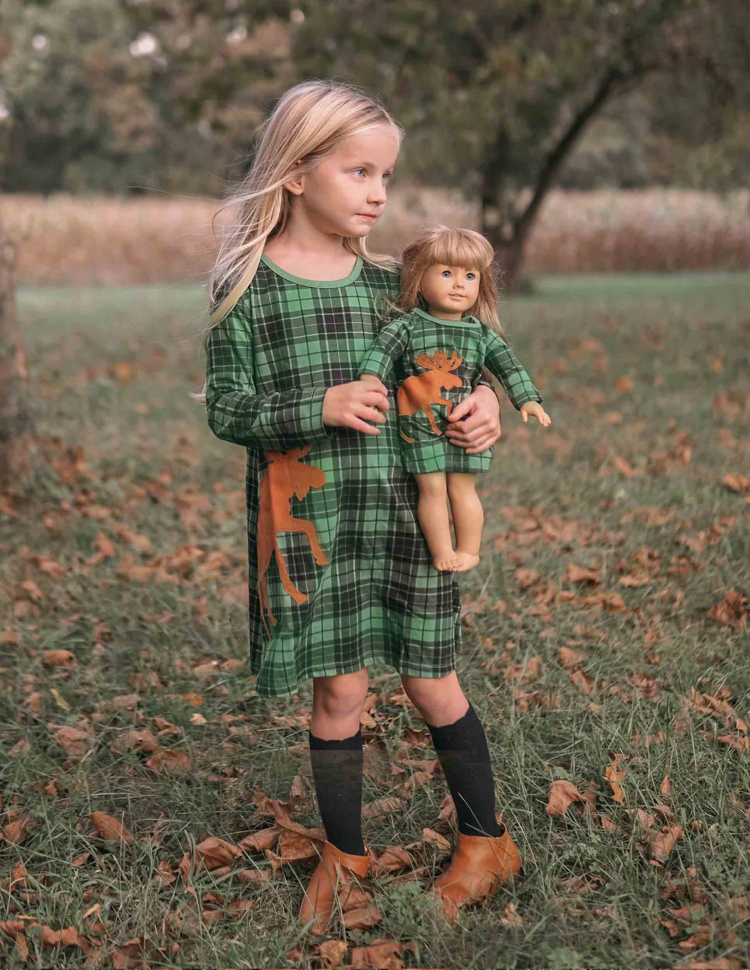 Matching Girl and Doll Cotton Dress Reindeer Plaid - Image 2