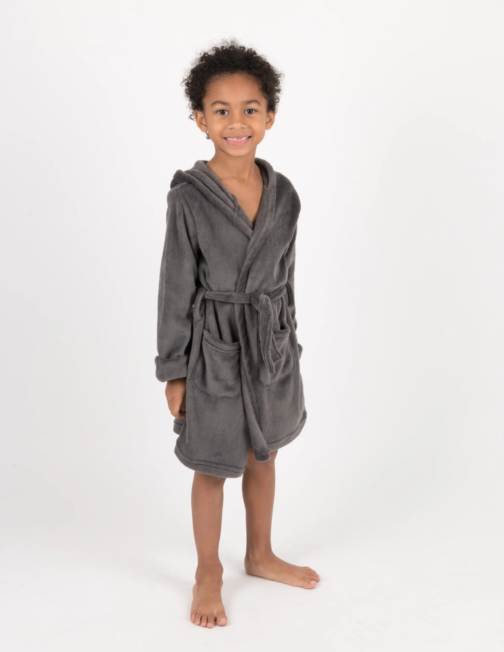 Kids Fleece Hooded Neutral Color Robe - Image 5