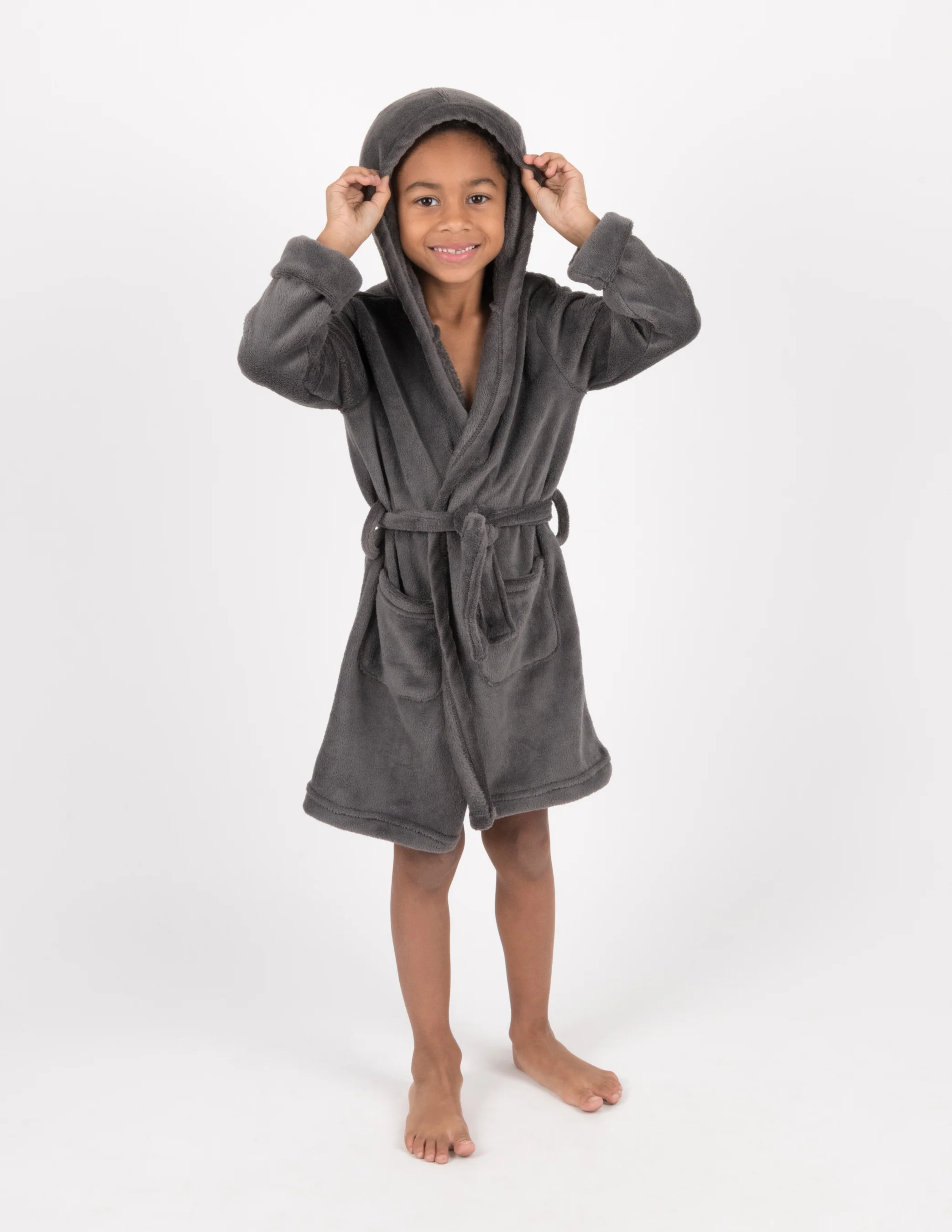 Kids Fleece Hooded Neutral Color Robe - Image 7