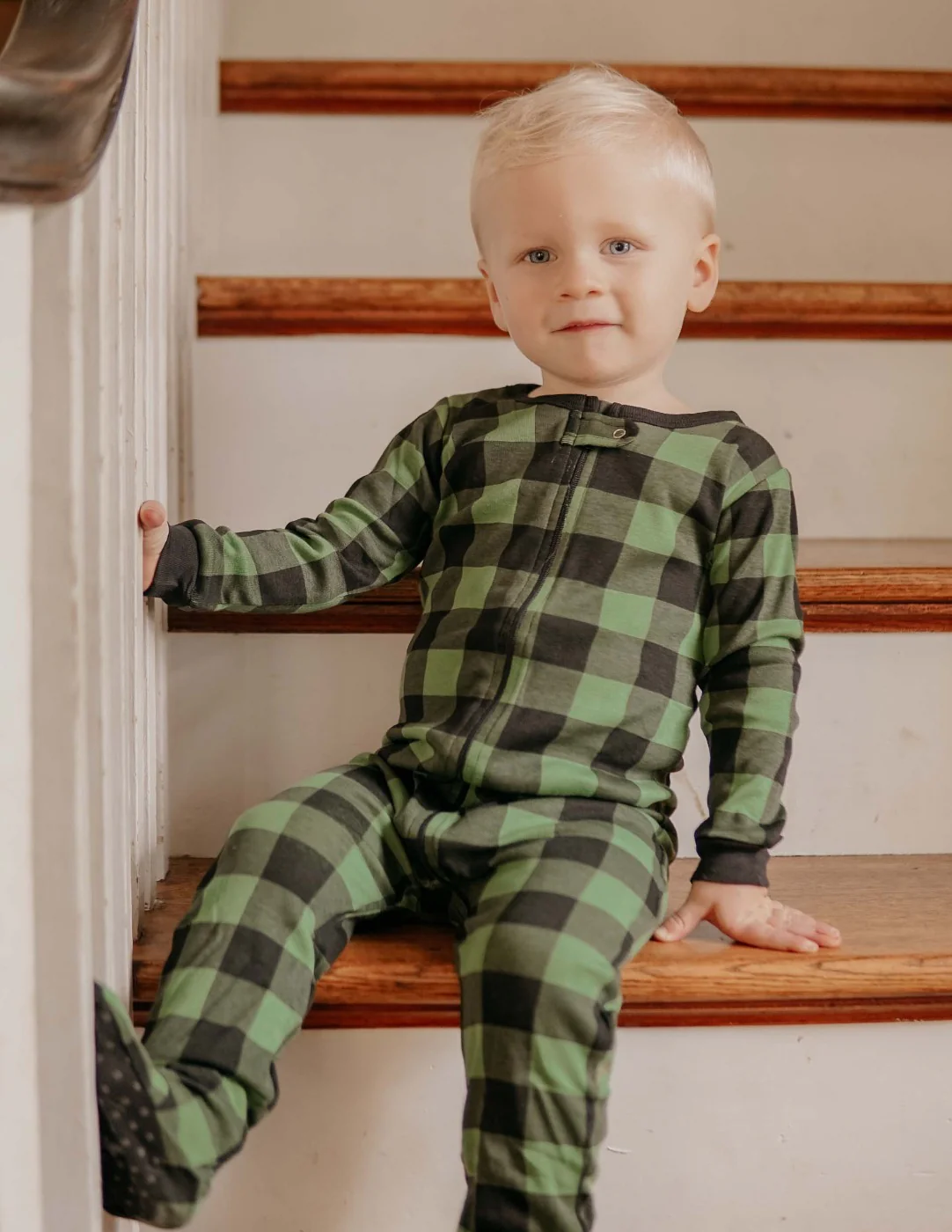 Kid's Footed Black & Green Plaid Pajamas - Image 4