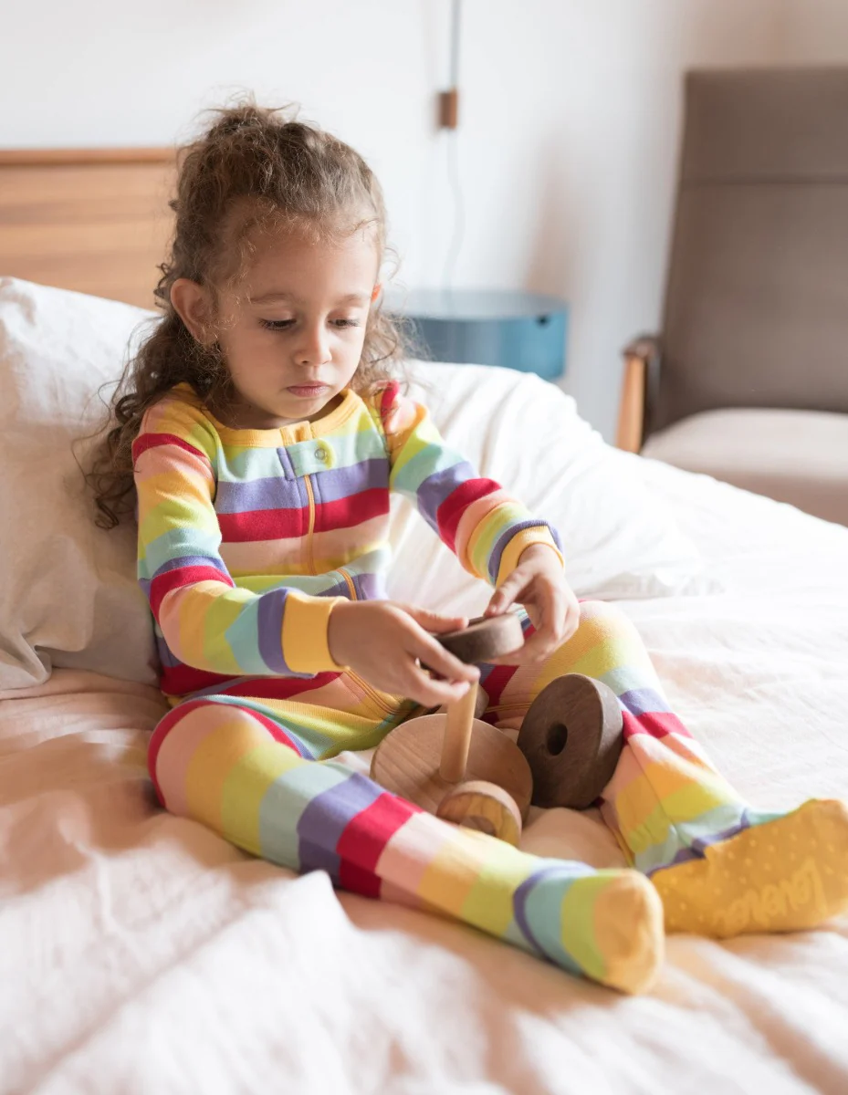 Kid's Footed Cotton Rainbow Girl Stripes Pajamas - Image 3