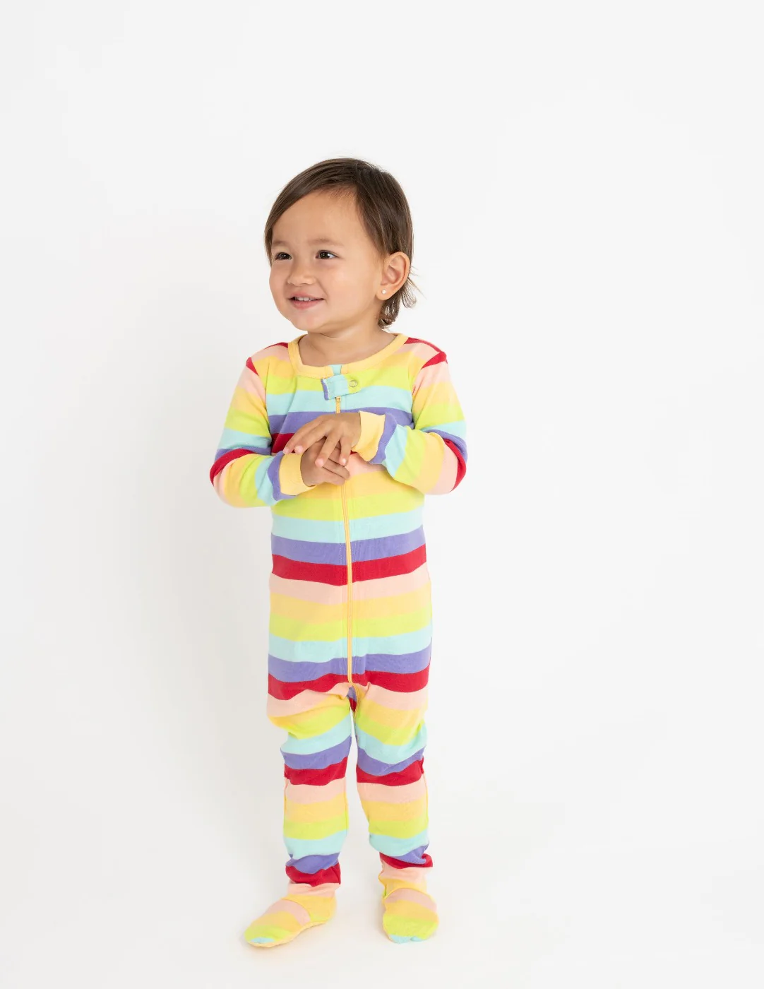 Kid's Footed Cotton Rainbow Girl Stripes Pajamas - Image 4