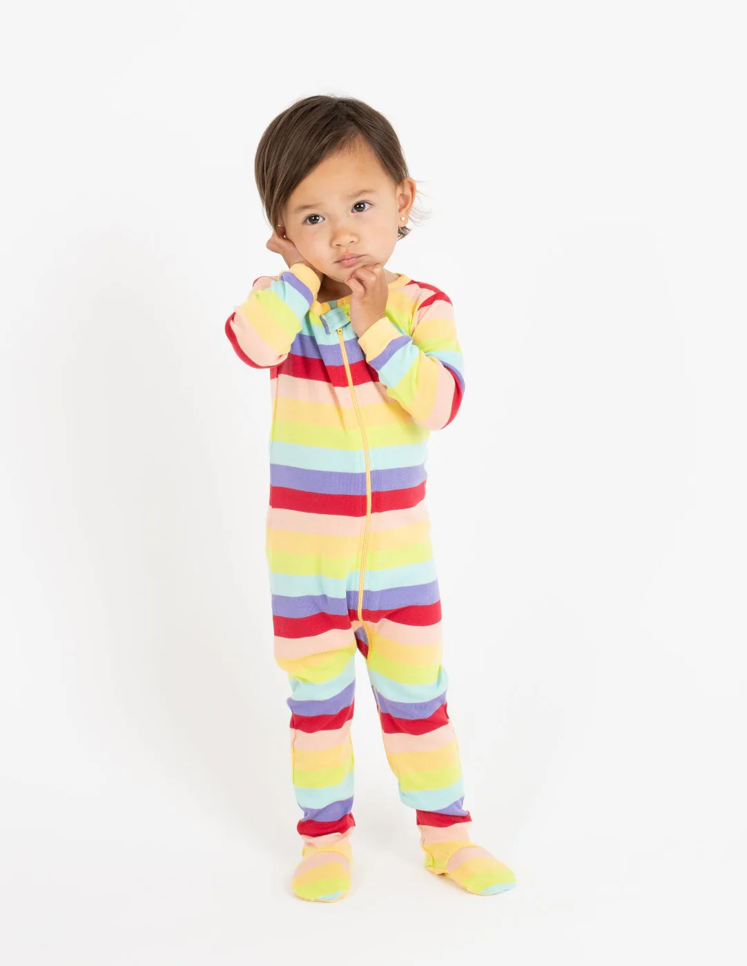Kid's Footed Cotton Rainbow Girl Stripes Pajamas - Image 5
