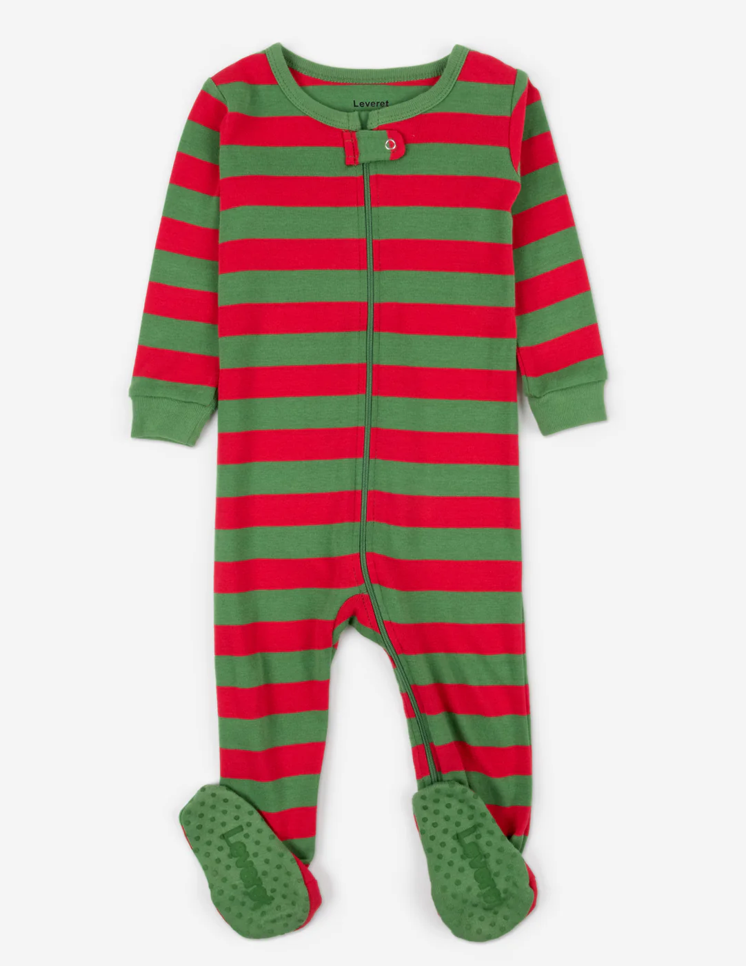 Kid's Footed Cotton Red & Green Stripes Pajamas - Image 2