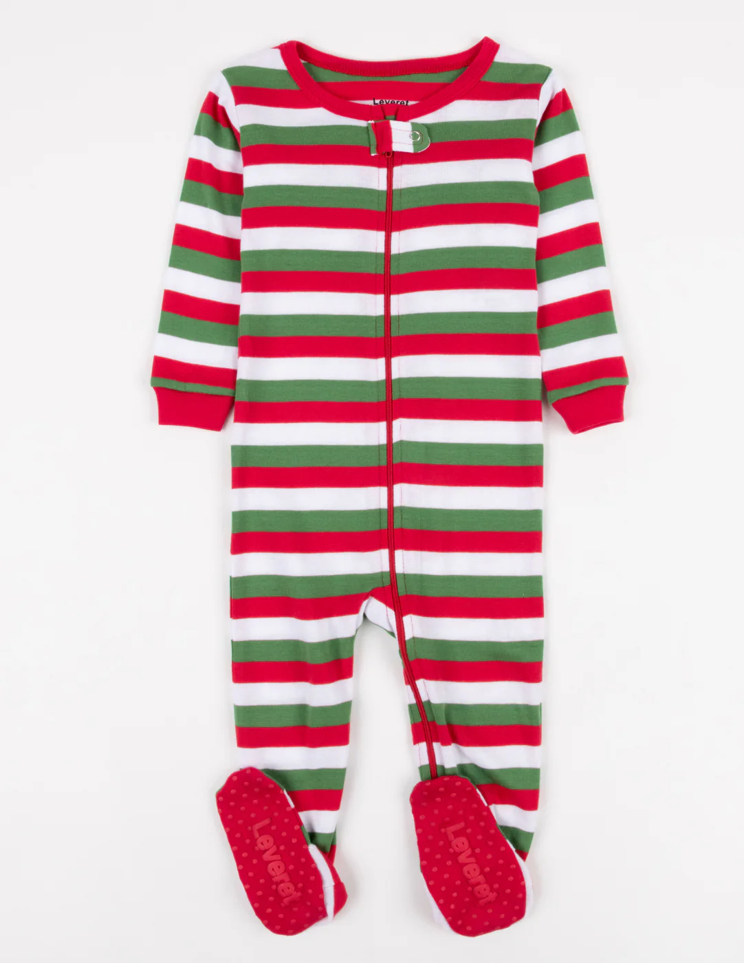 Kid's Footed Red White & Green Stripes Cotton Pajamas - Image 2