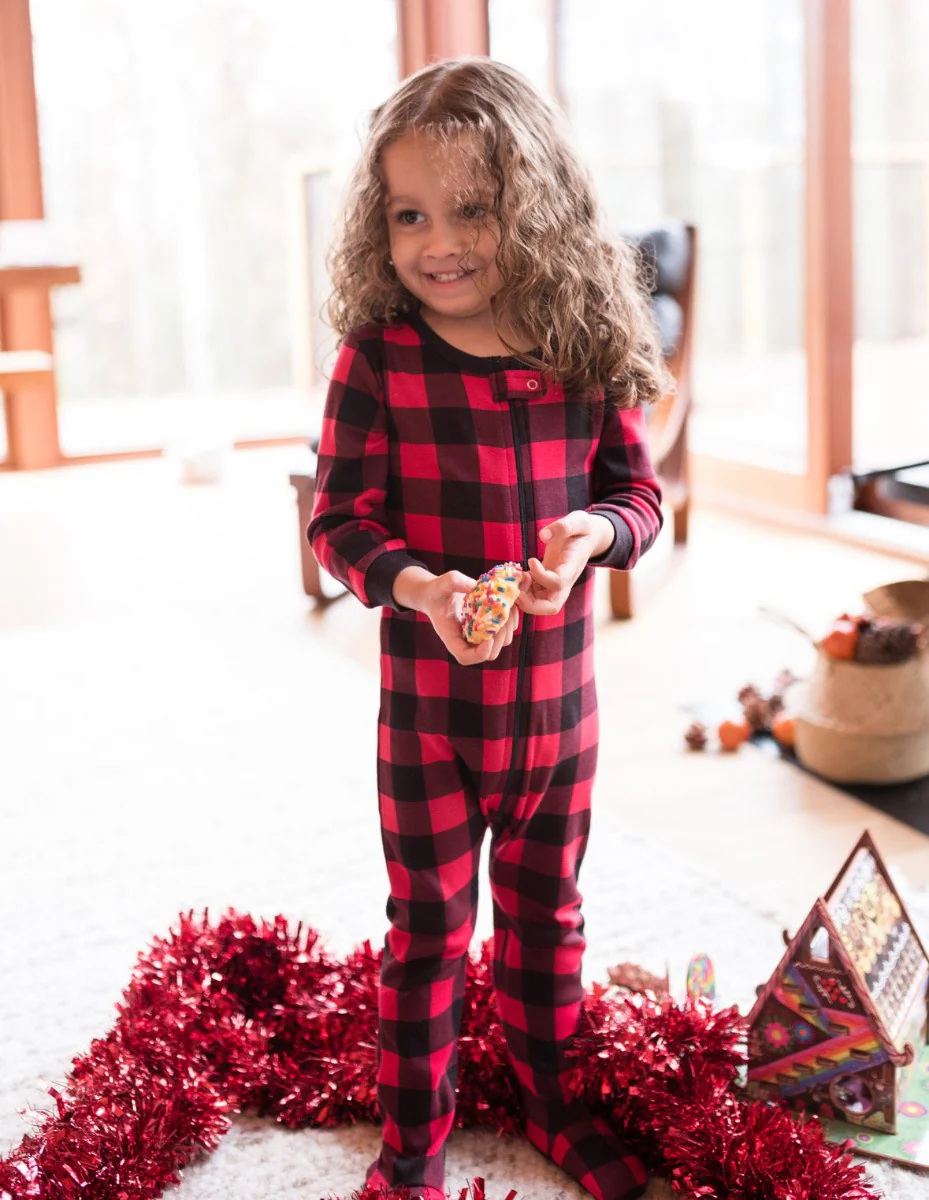 Kid's Footed Red & Black Plaid Cotton Pajamas - Image 2