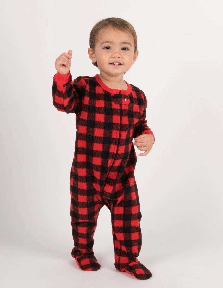 Kid's Fleece Red & Black Plaid Footed Pajamas - Image 3