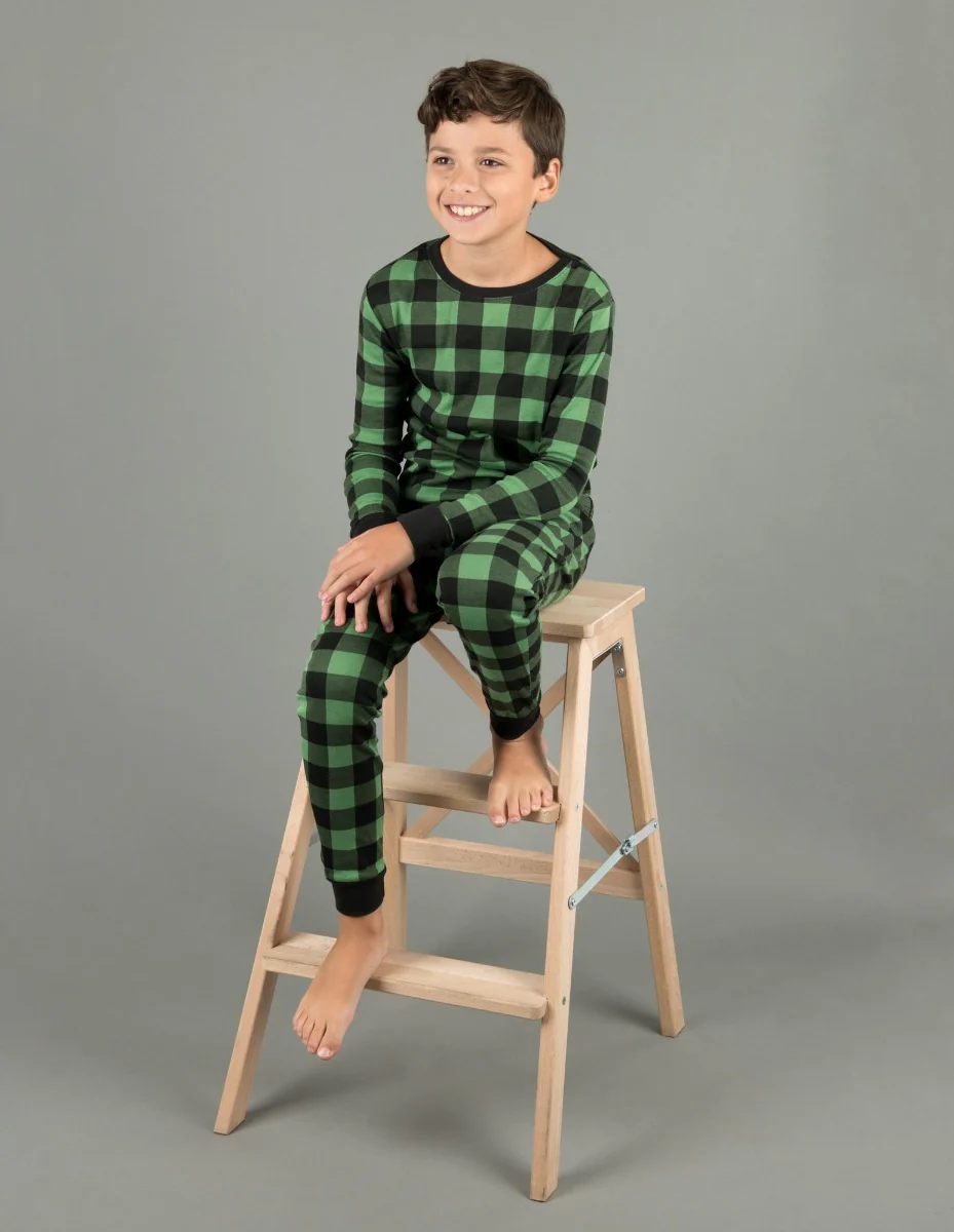 Kids Black & Green Plaid Cotton Pajamas - Image 3