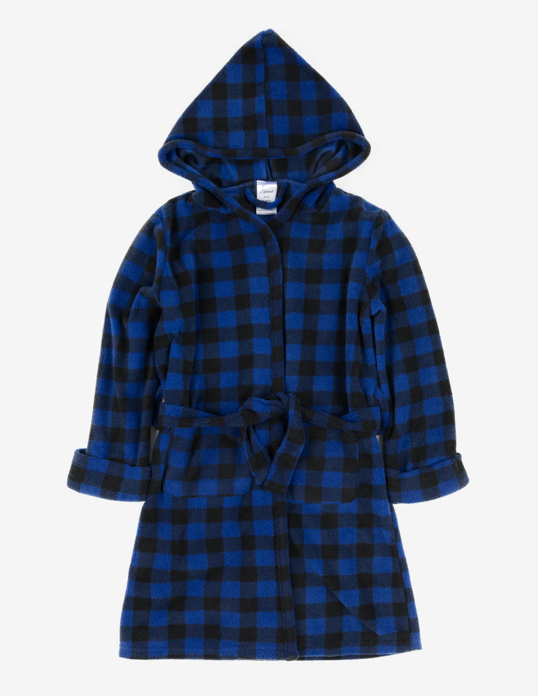 Kids Black & Navy Plaid Fleece Hooded Robe - Image 2