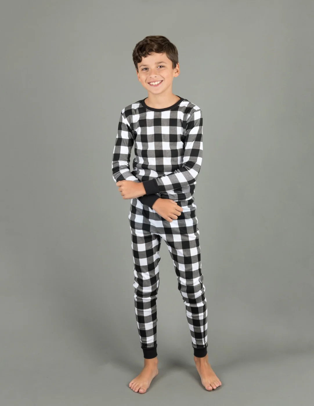 Kids Two Piece Cotton Pajamas Black & White Plaid - Image 2