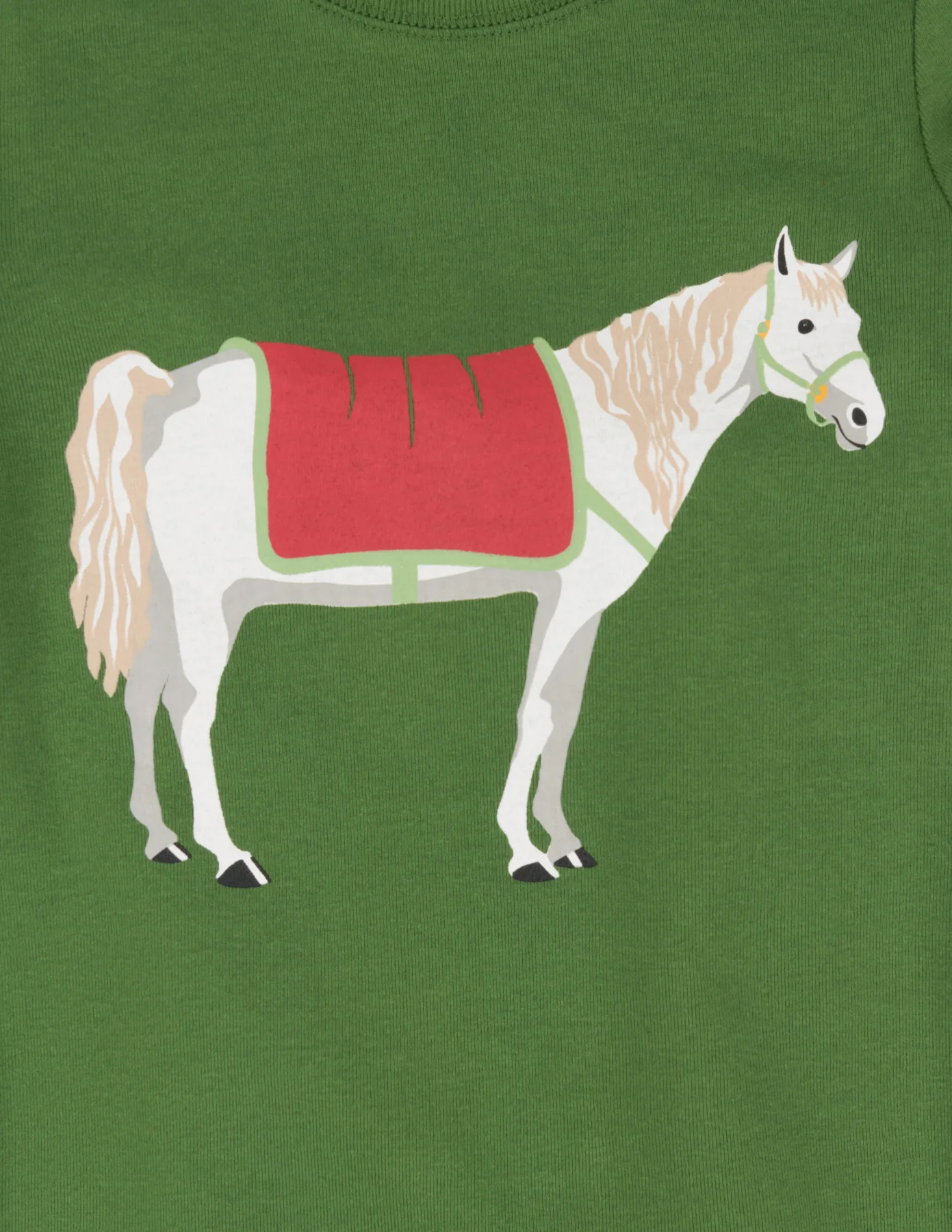Kids Cotton Top & Fleece Pants Green Horse Pajamas - Image 2