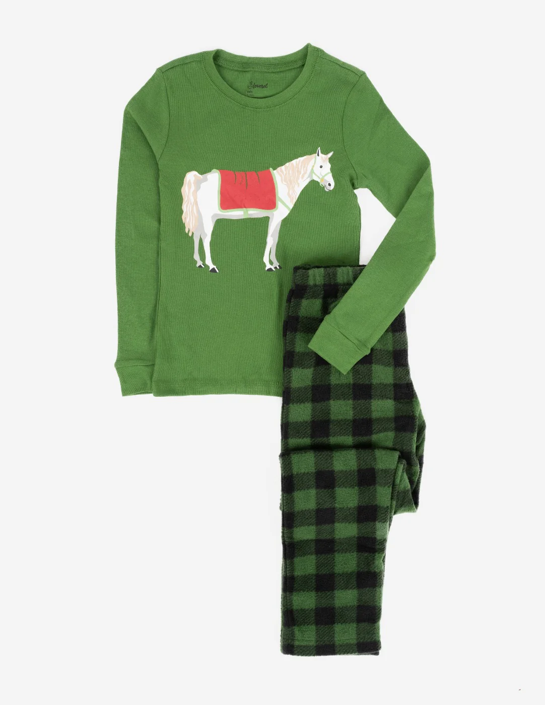 Kids Cotton Top & Fleece Pants Green Horse Pajamas - Image 3
