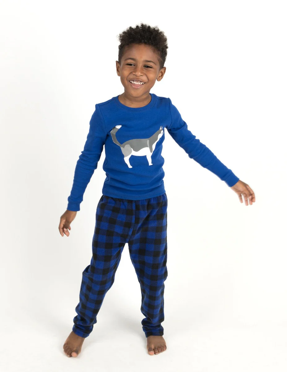 Kids Cotton Top & Fleece Pants Blue Husky Pajamas - Image 2