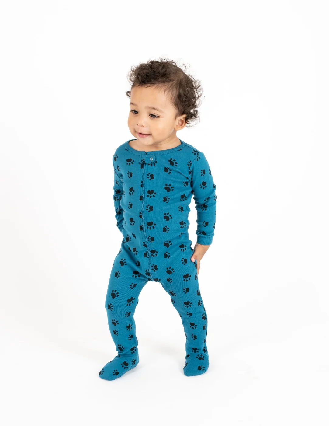 Kids Footed Blue Paw Print Pajamas - Image 3