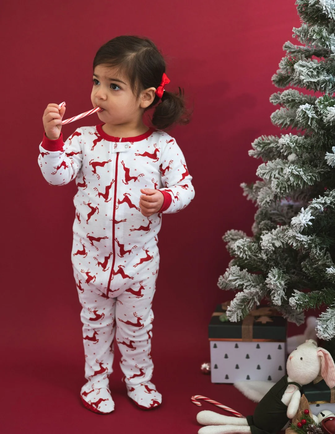 Kid's Footed Cotton Red & White Reindeer Pajamas - Image 2