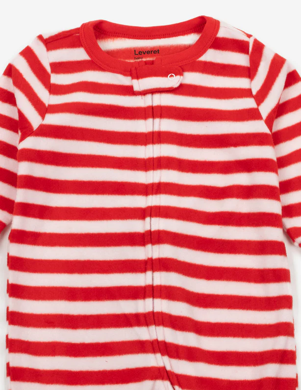 Kid's Footed Fleece Red & White Stripes Pajamas - Image 2