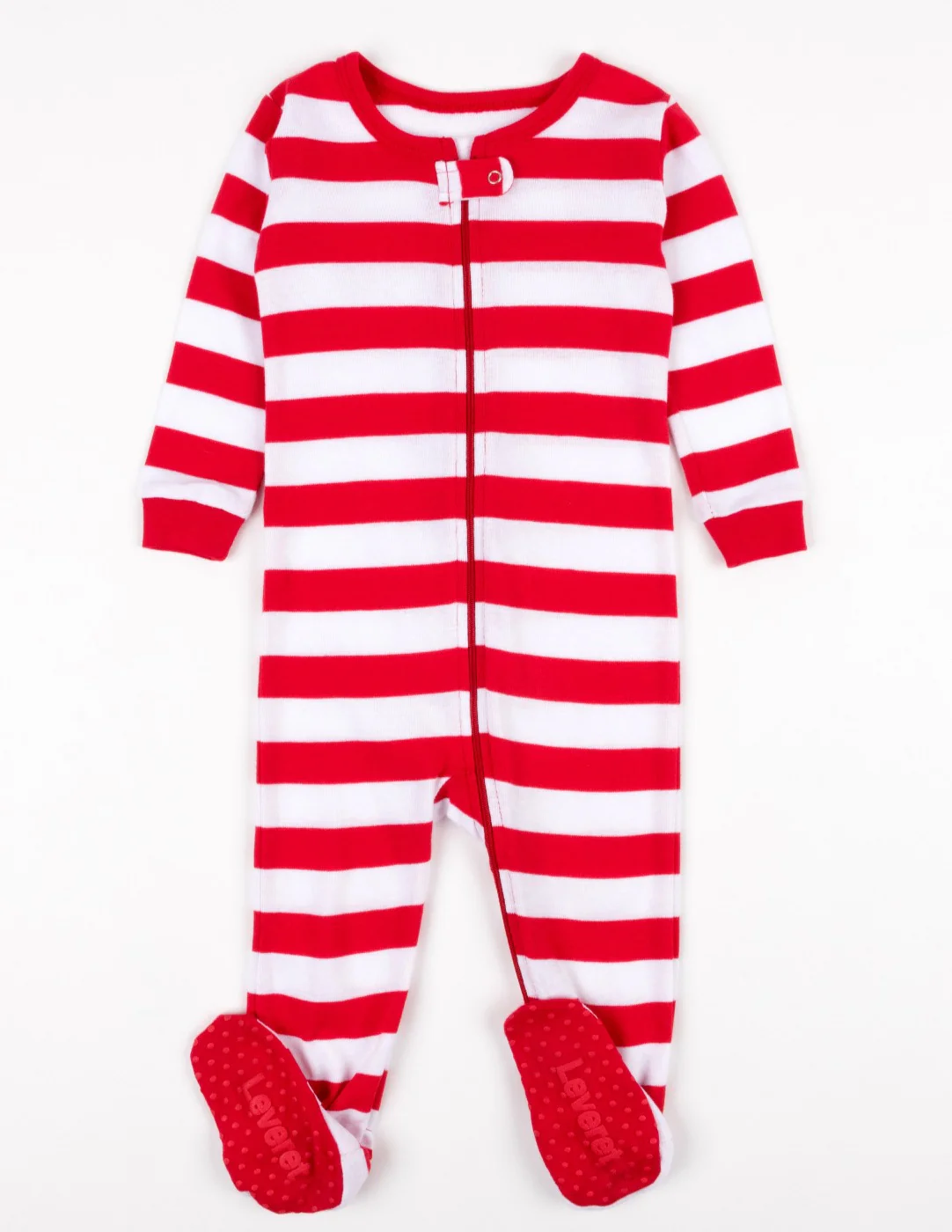 Kid's Footed Red & White Stripes Cotton Pajamas - Image 2