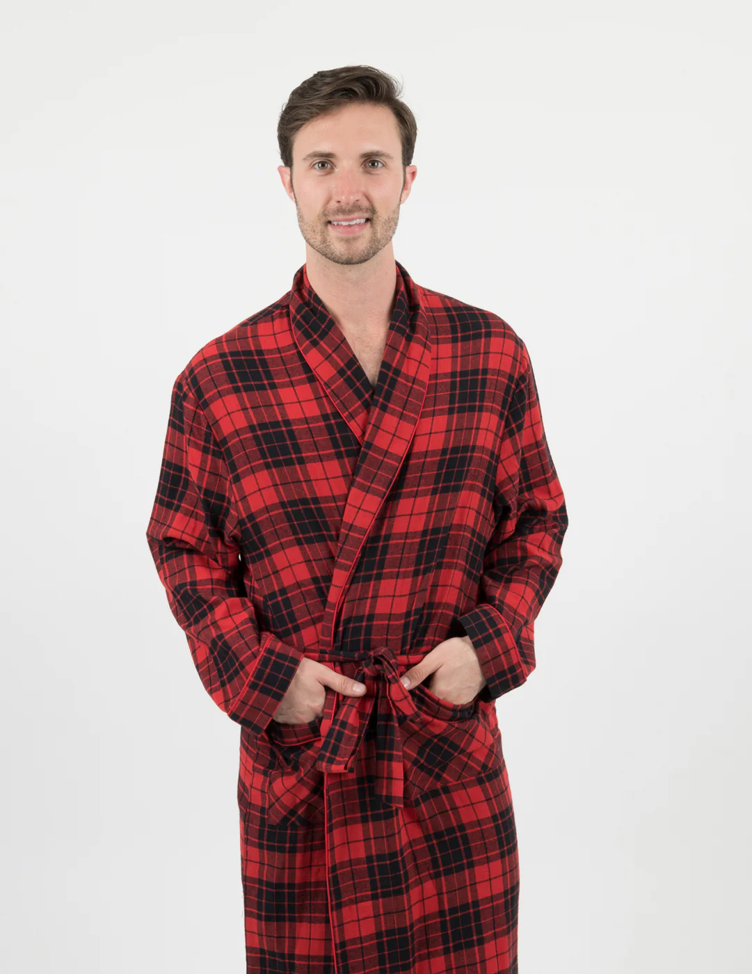 Men's Red & Black Plaid Flannel Robe - Image 2