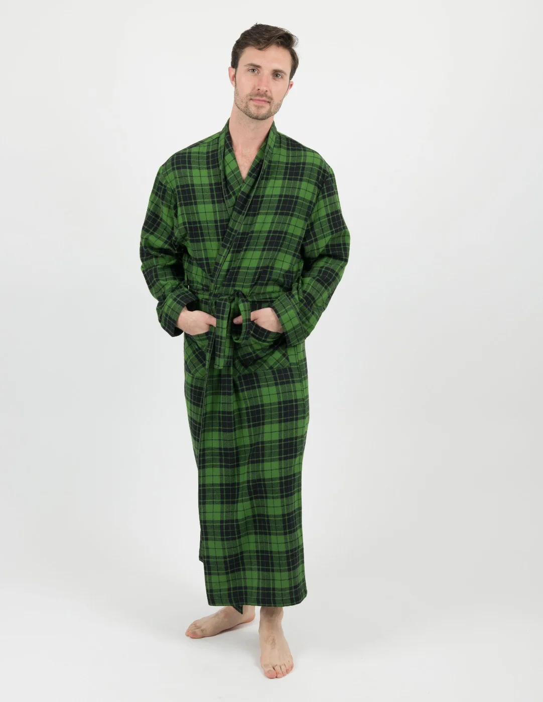 Mens Black & Green Plaid Flannel Robe - Image 2