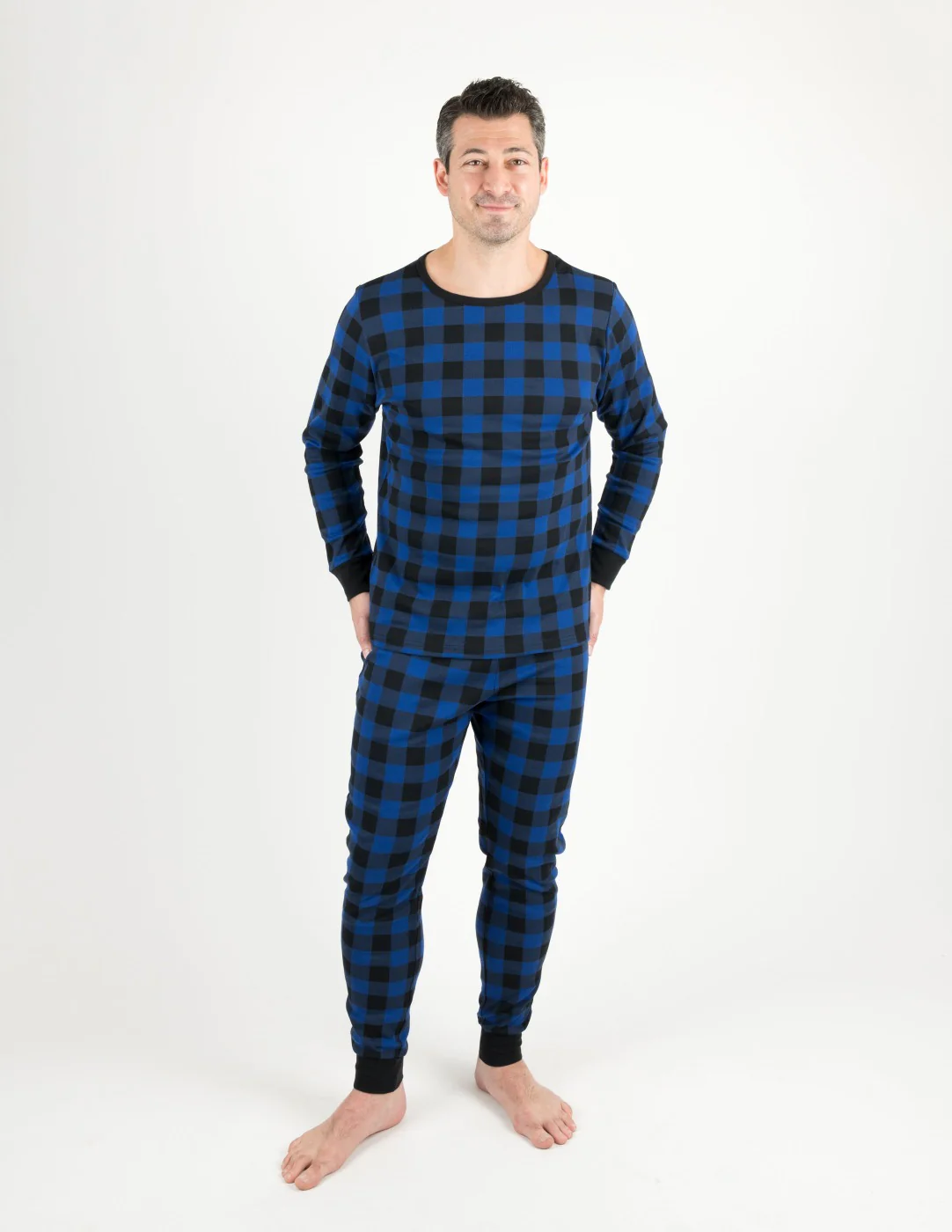 Mens Black & Navy Plaid Cotton Pajamas - Image 2