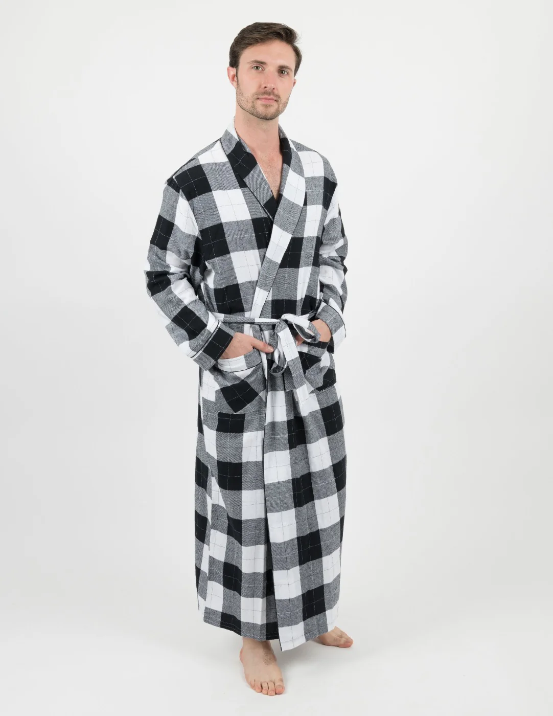 Mens Black & White Plaid Flannel Robe - Image 2