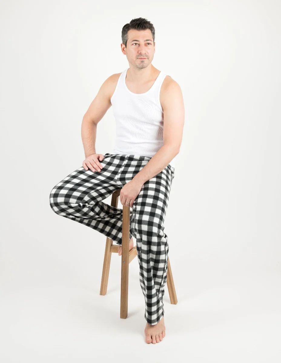 Mens Black & White Plaid Fleece Pants - Image 2