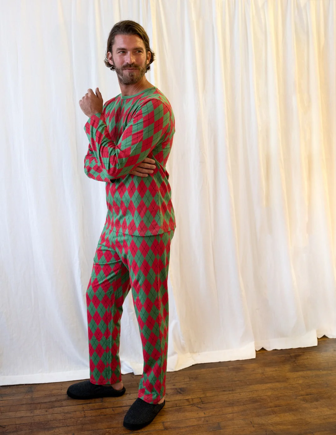 Mens Loose Fit Red & Green Argyle Pajamas - Image 2