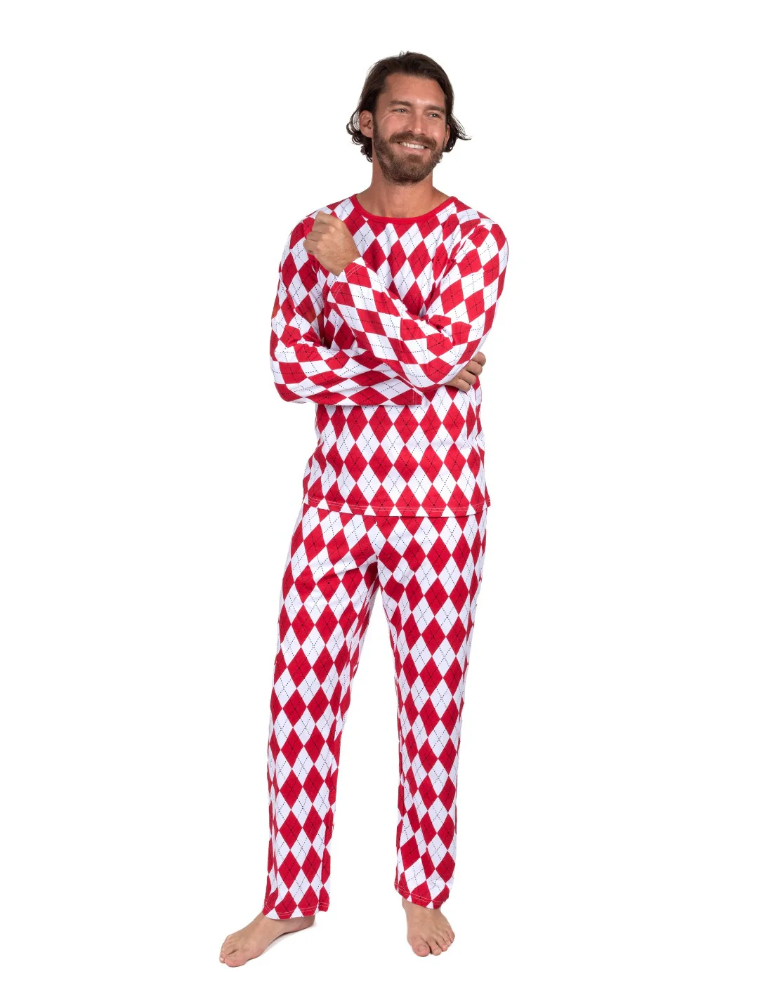 Mens Loose Fit Red & White Argyle Pajamas - Image 2