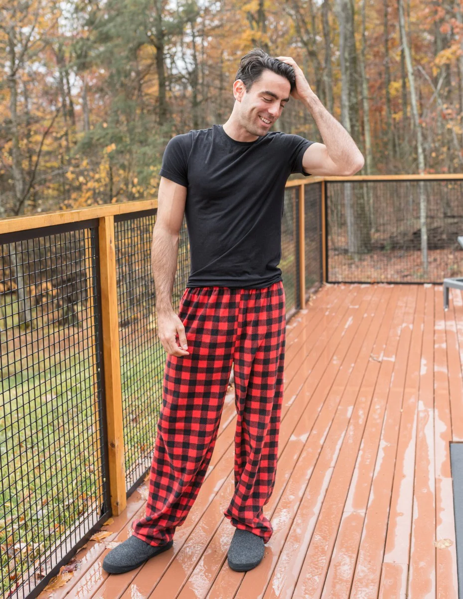 Mens Red & Black Plaid Fleece Pants - Image 2