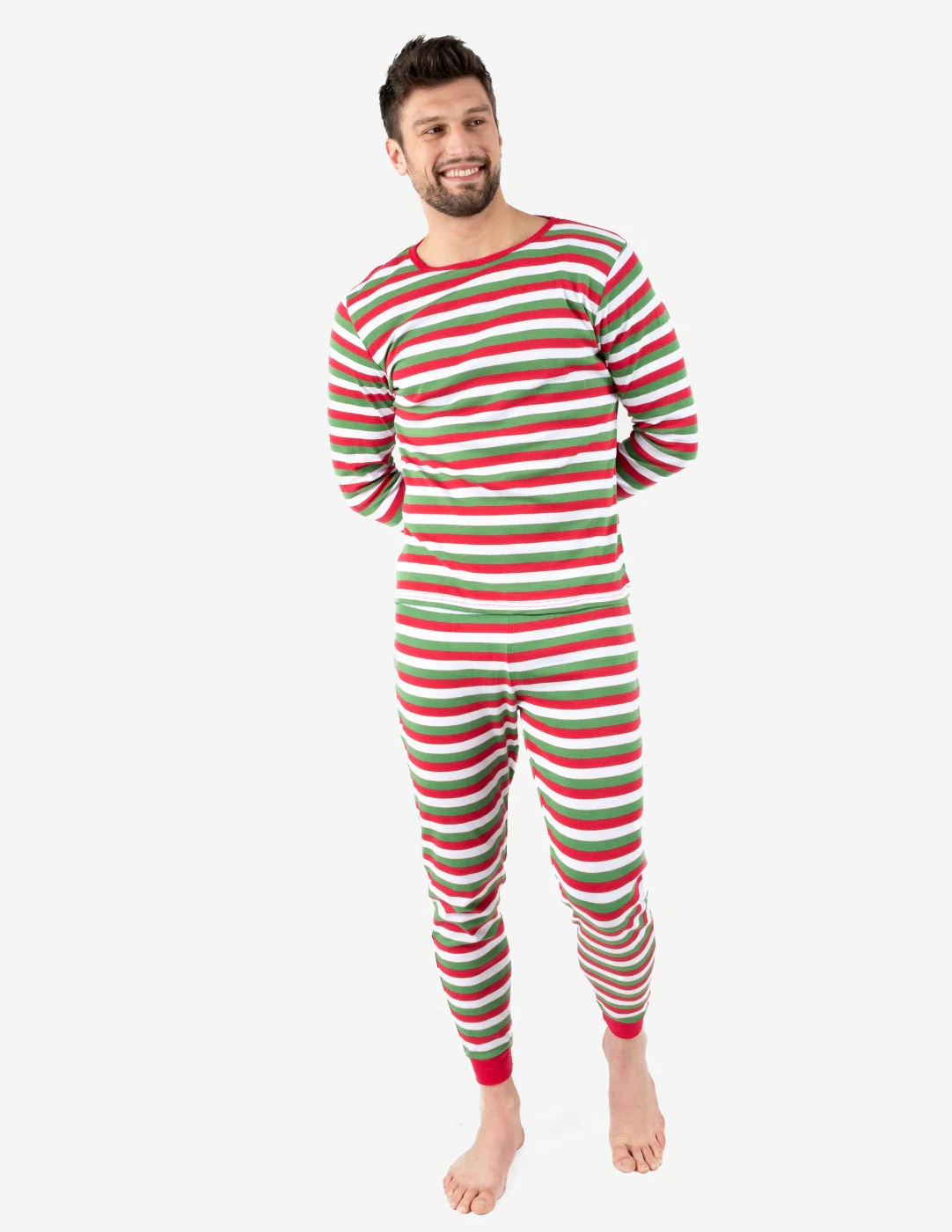 Mens Red White & Green Stripes Two Piece Cotton Pajamas - Image 3