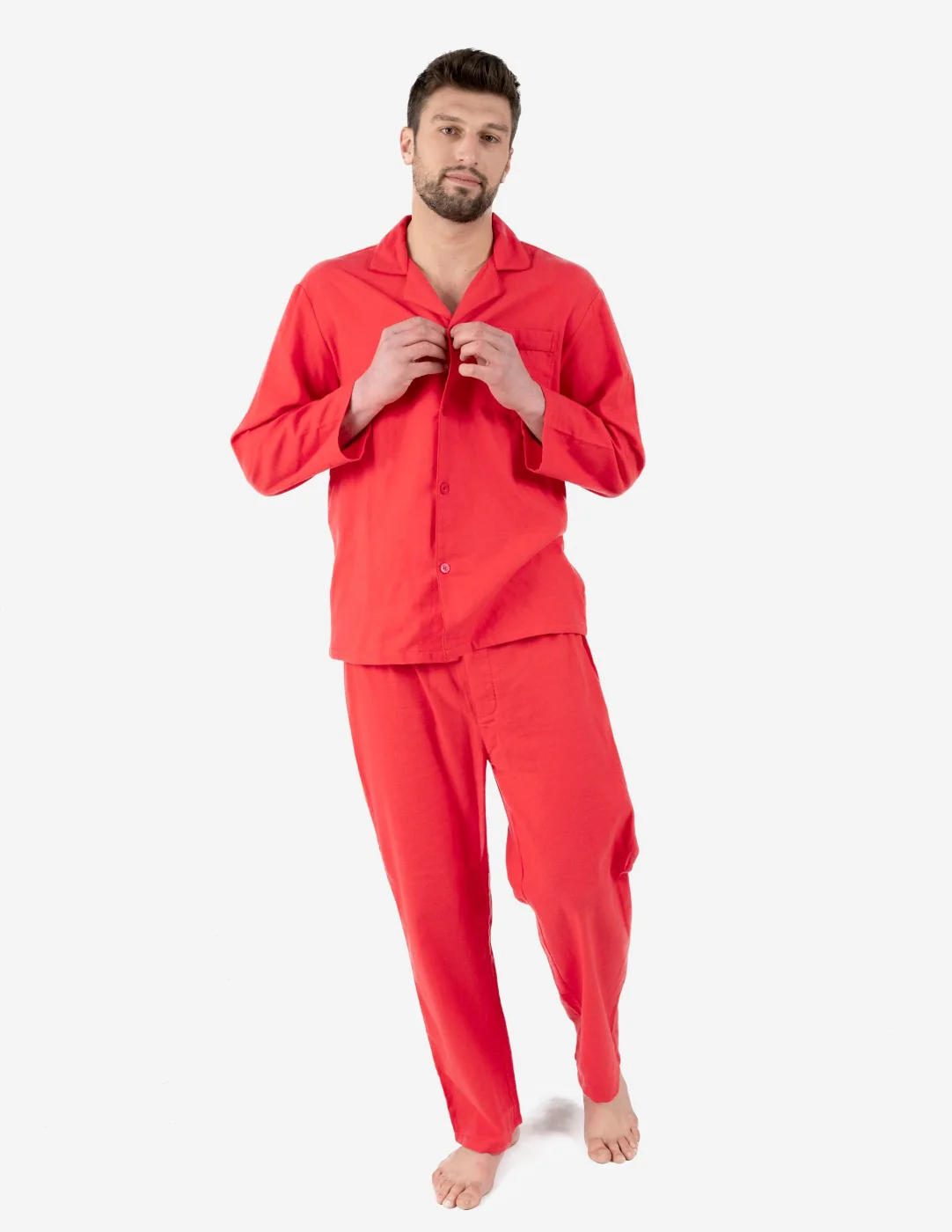 Mens Red Solid Color Flannel Pajamas - Image 2