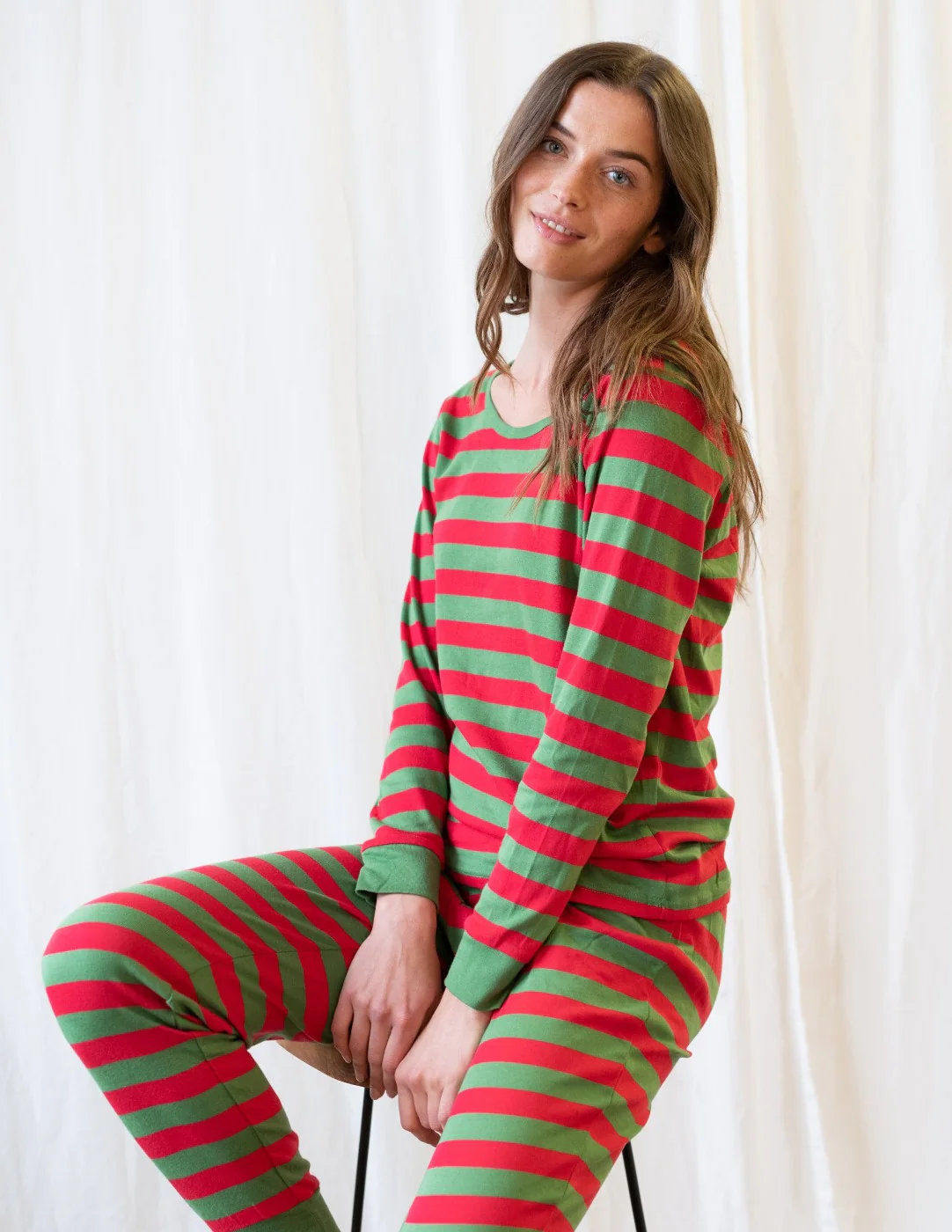 Women's Red Cotton Stripes Pajamas - Image 16