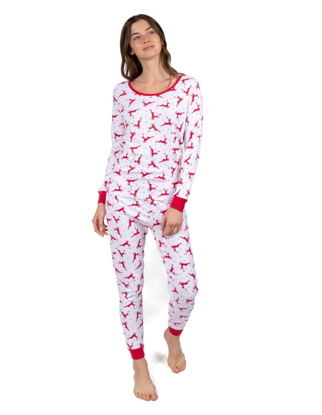 Women's Cotton Red & White Reindeer Pajamas - Image 3