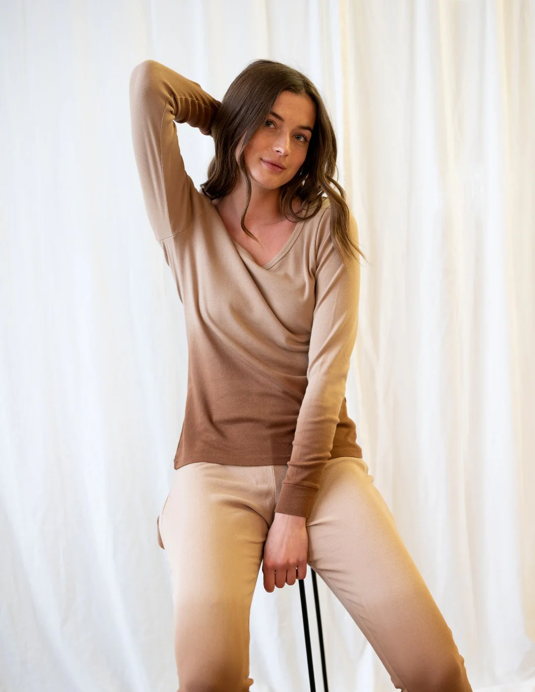 Women's Beige Ombré Tie Dye Cotton Pajamas - Image 2