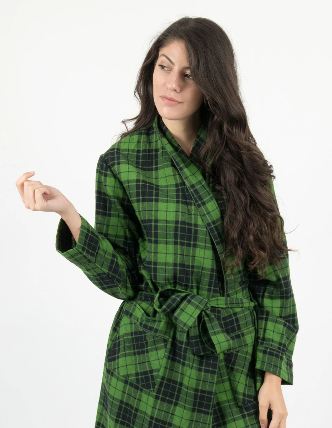 Women's Black & Green Plaid Flannel Robe - Image 2