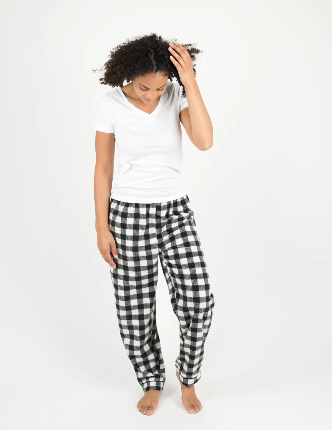 Women's Black & White Plaid Fleece Pants - Image 2