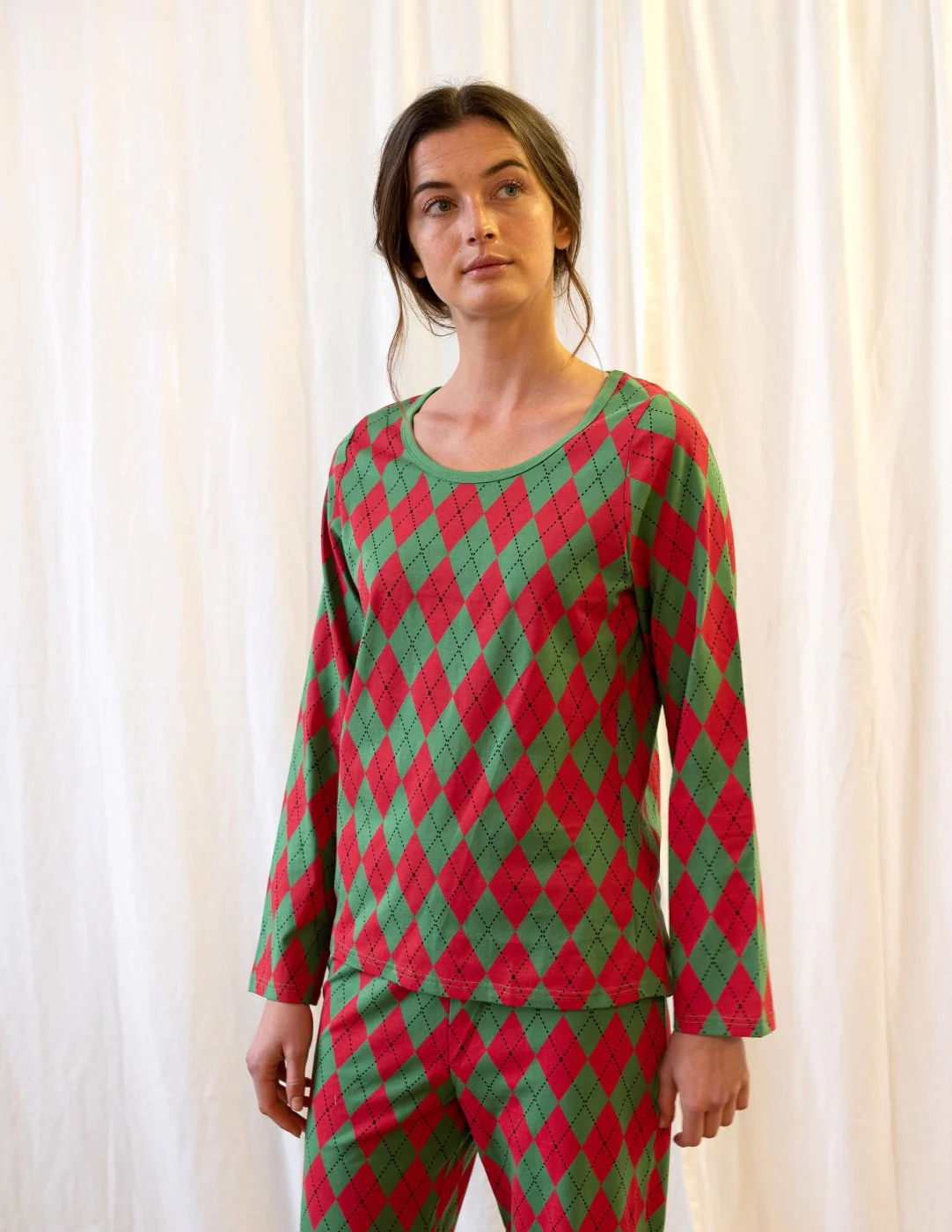 Women's Loose Fit Red & Green Argyle Pajamas - Image 2
