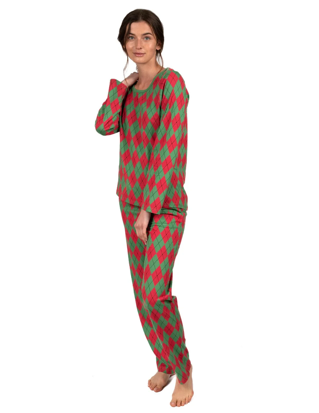 Women's Loose Fit Red & Green Argyle Pajamas - Image 3