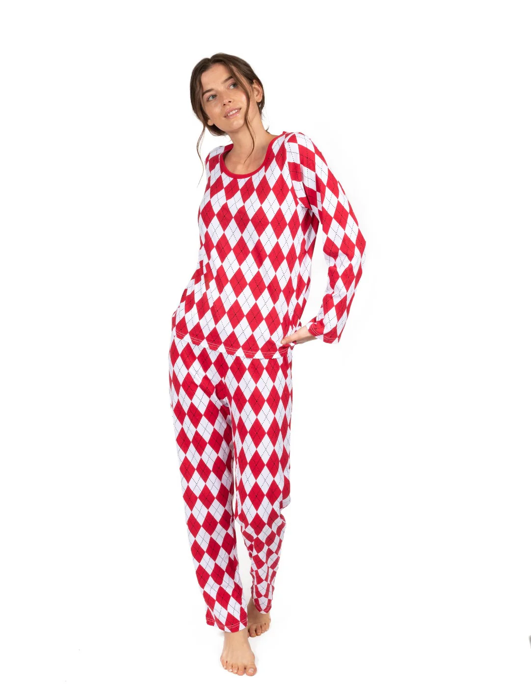 Women's Loose Fit Red & White Argyle Pajamas - Image 2