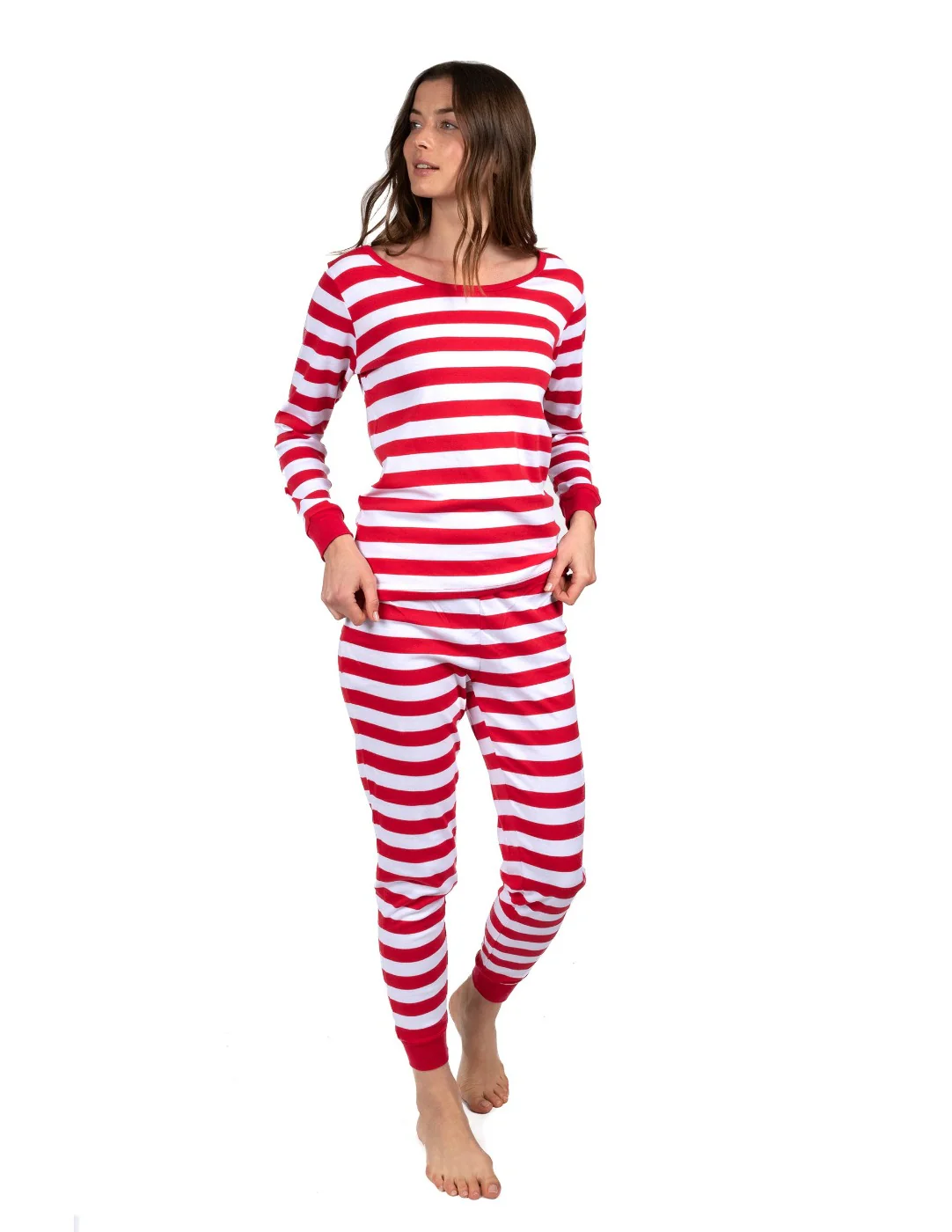 Women's Two Piece Red & White Stripes Cotton Pajamas - Image 4