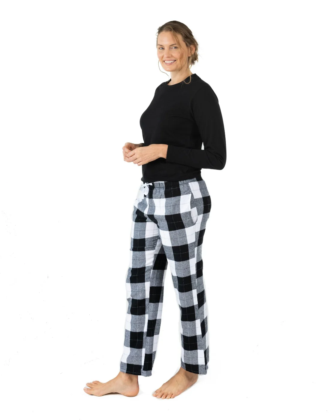 Women's Black & White Plaid Flannel Pajama Sets - Image 2