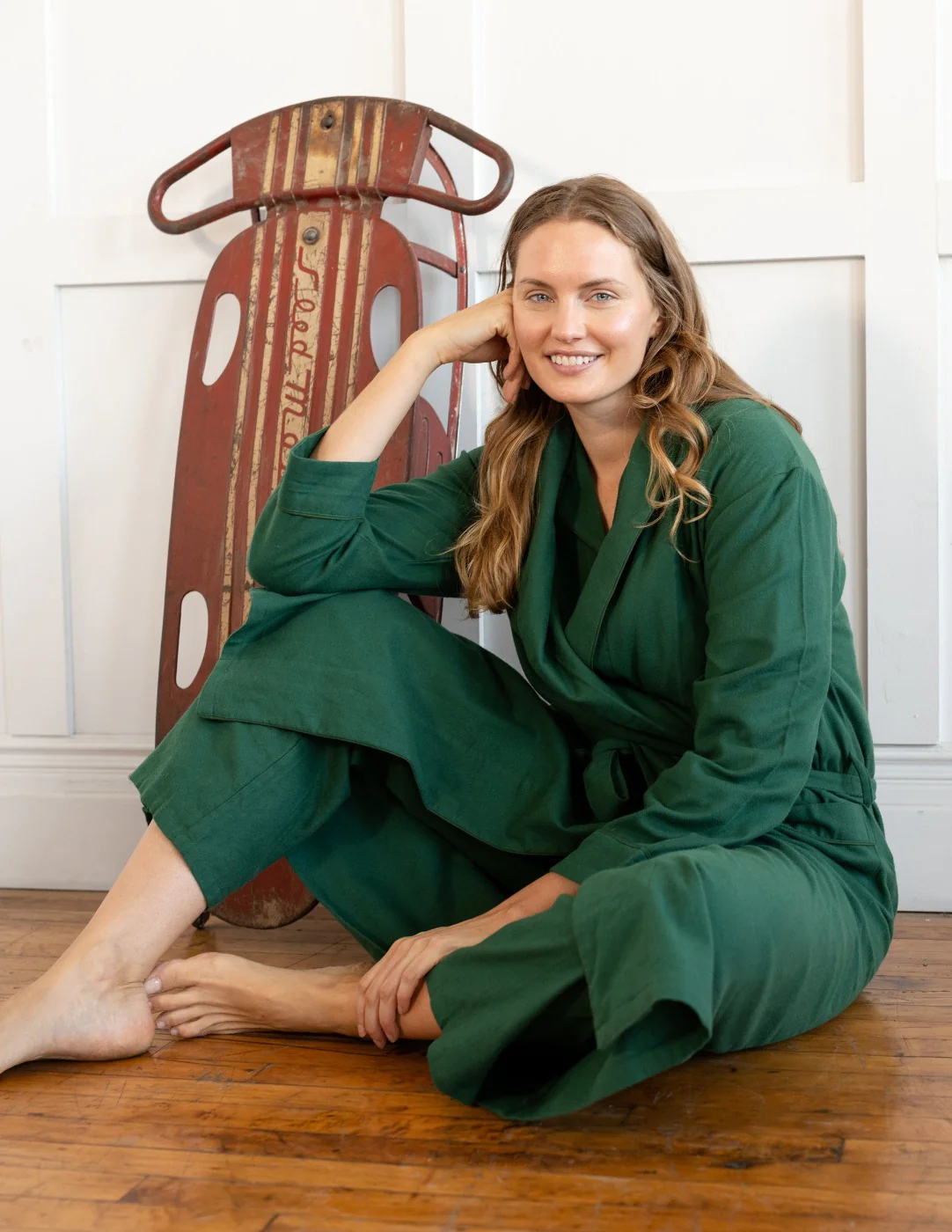 Women's Green Solid Color Flannel Robe - Image 2