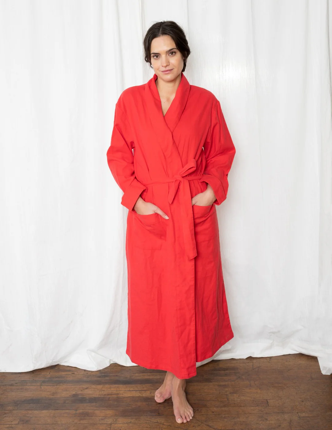 Women's Red Solid Color Flannel Robe - Image 2